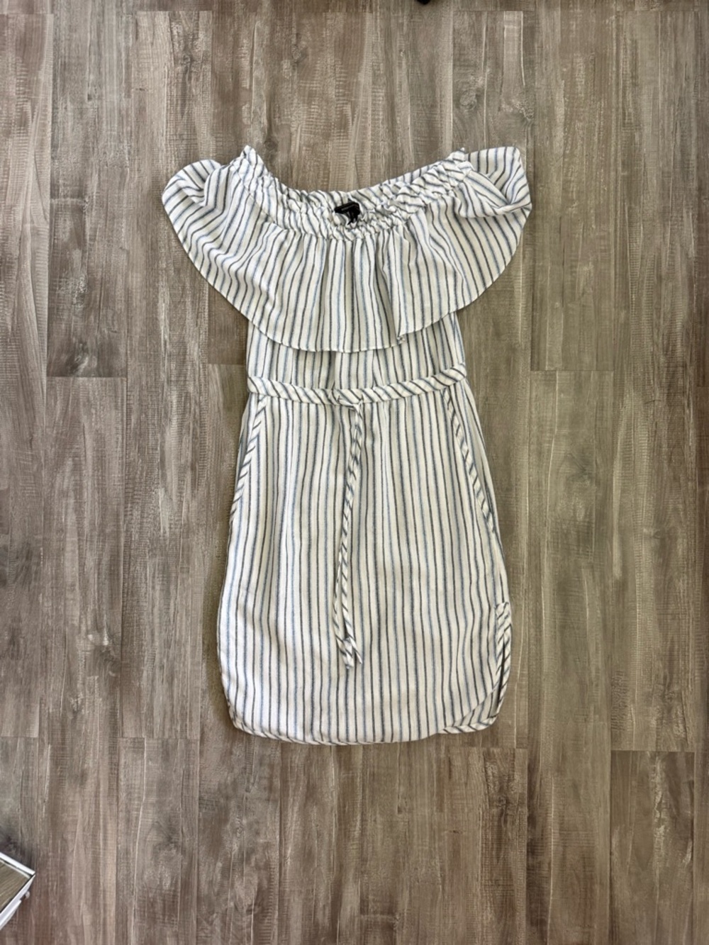 BCBGMaxAzria White and Navy Striped Off-Shoulder Dress